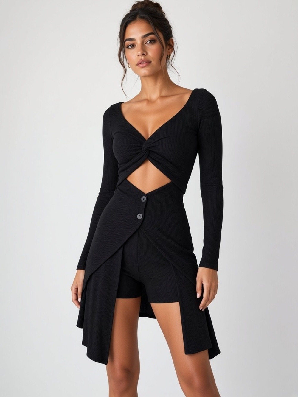 PrettyLittleThing Black Long Sleeve Twist Cutout Mini Dress